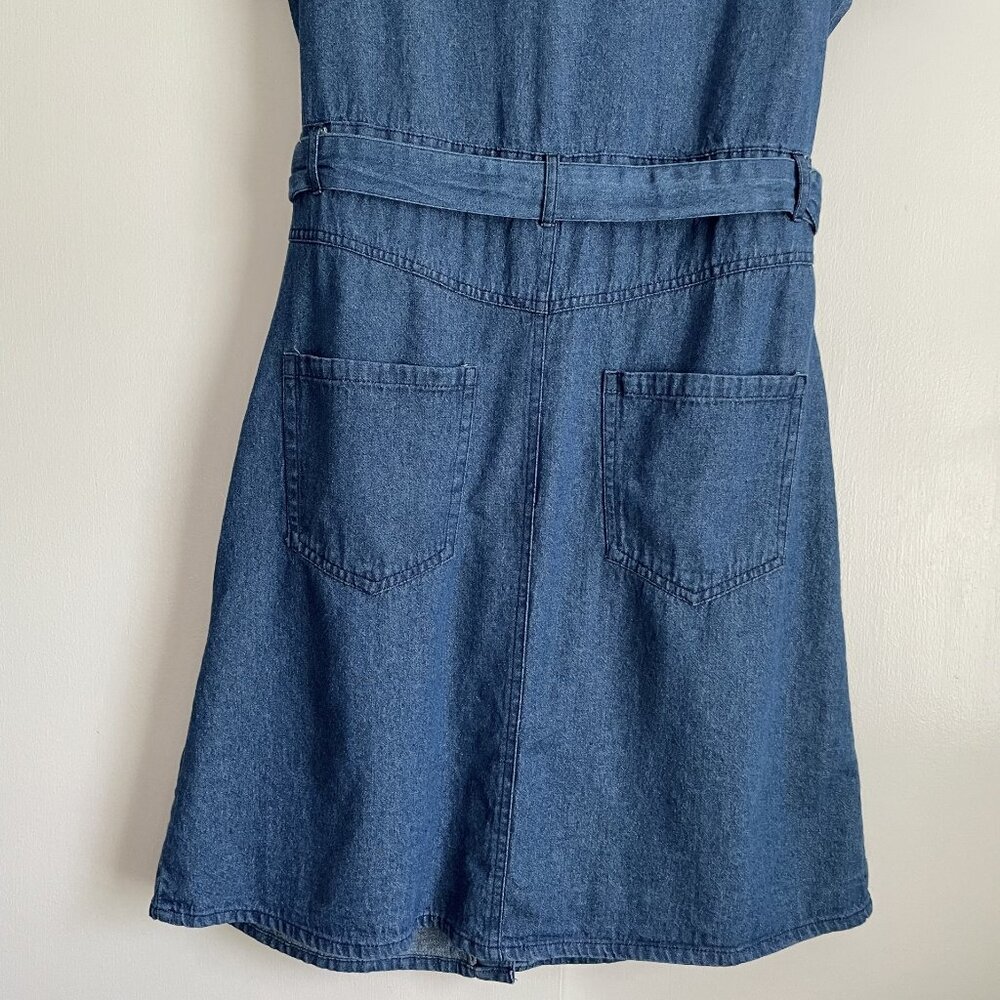 J GEE Denim Blue Jean Shirt Dress Size MP Short Sleeve Button Belted Pockets VTG - Picture 5 of 10